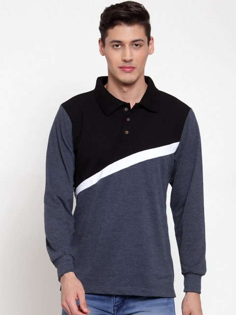 Kalt Men Black & Black Colourblocked Polo Collar T-shirt, Blue