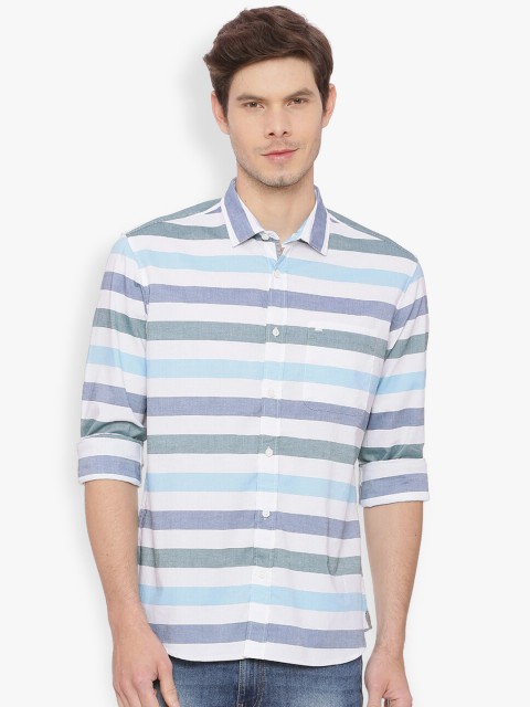 

Basics Men Green & White Slim Fit Striped Casual Shirt