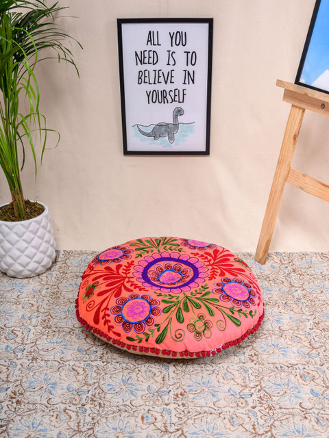 

Tistabene Orange & Red Crimson Floral Duck Mari Embroidered Round Gaddi Floor Cushion