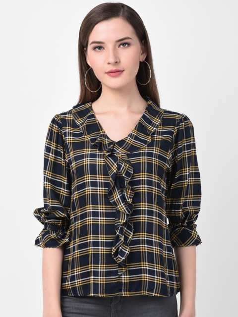 

Latin Quarters Women Navy Blue & Yellow Yarn Dyed Checked Top