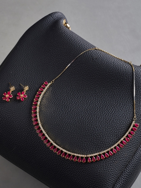 

ZeroKaata Gold-Plated Pink & White CZ Stone-Studded Handcrafted Jewellery Set