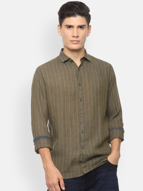 

V Dot Men Olive Green Slim Fit Striped Linen Casual Shirt