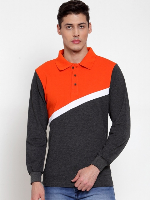 

Kalt Men Orange & Charcoal Grey Colourblocked Polo Collar T-shirt