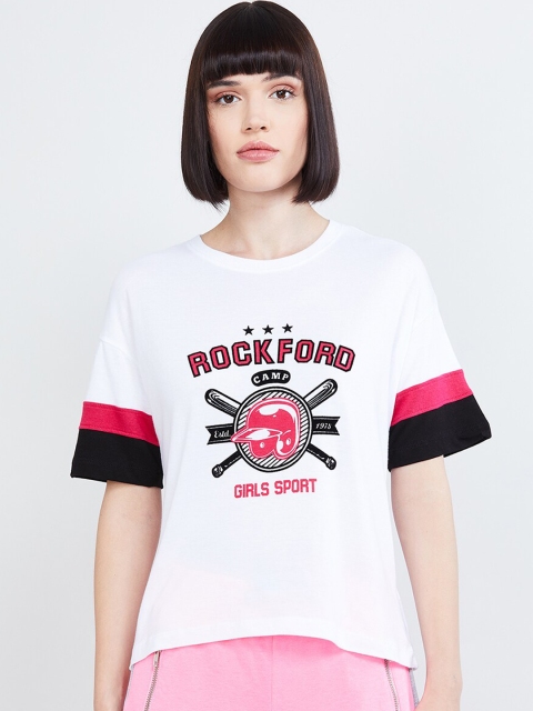 

max Women White Printed Round Neck T-shirt