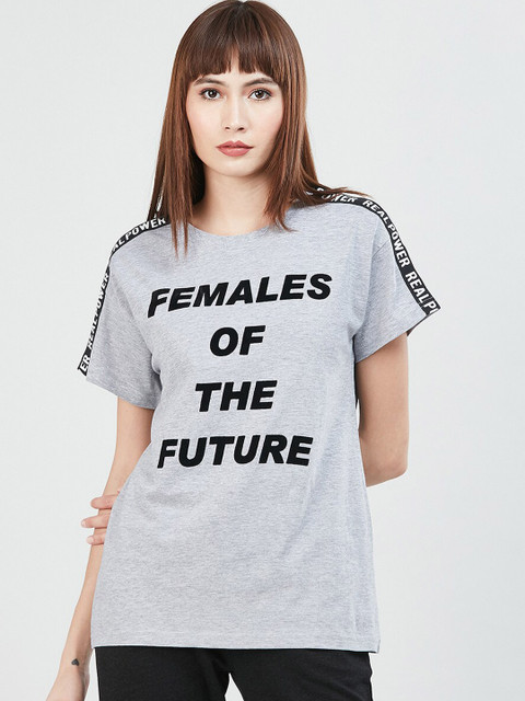 

max Women Grey Melange Printed Round Neck T-shirt