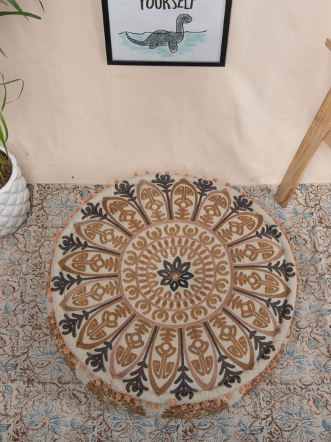 

Tistabene Beige & Brown Embroidered Mandala Inspired Round Pouf