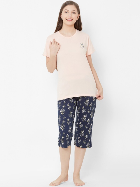 

Velvet by night Women Peach-Coloured & Navy Blue Solid Night Suit