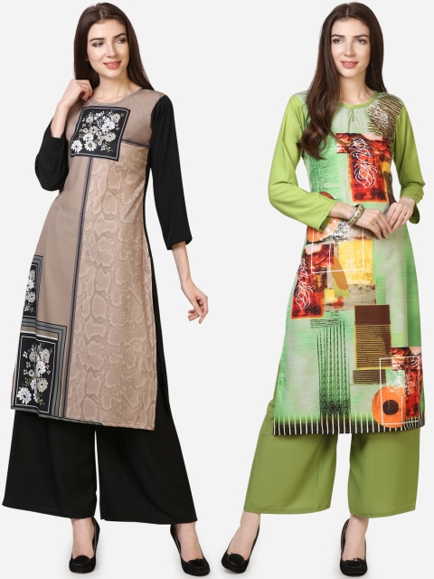 

Silk Bazar Women Pack Of 2 Printed Kurtas with Palazzos, Beige