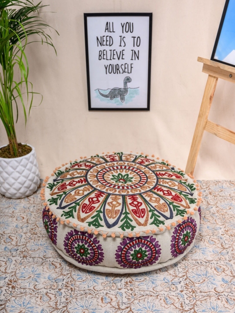 

Tistabene Beige & Brown Mandala Inspired Psychedelic Embroidered Floor Cushion