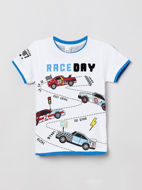 

max Boys White & Blue Race Day Print Round Neck T-shirt