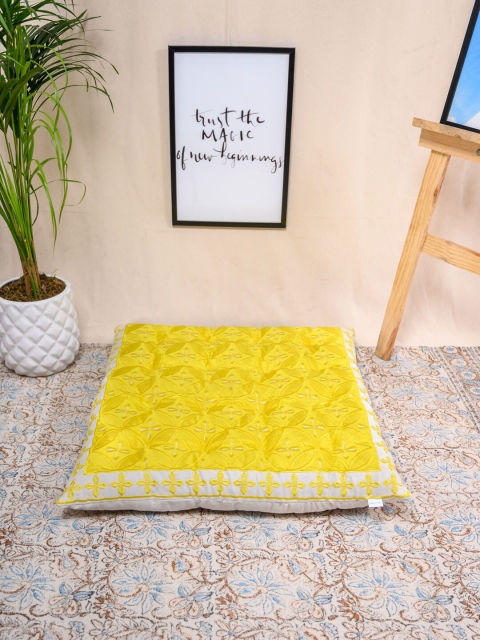 

Tistabene Yellow & White Embroidered Duck Square Gaddi Floor Cushion