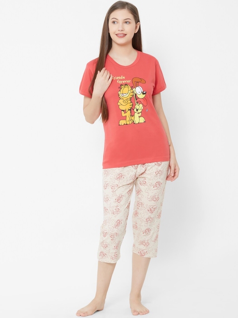 

Velvet by night Women Coral Red & Off-White Garfield Printed Night suit