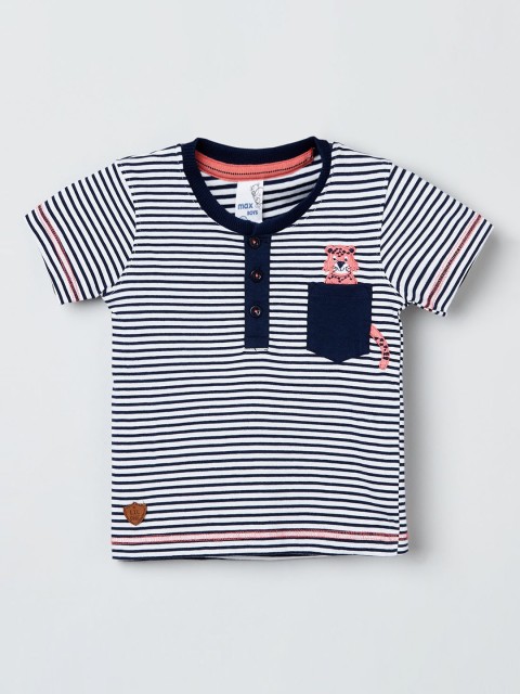 

max Boys White & Navy Blue Striped Henley Neck T-shirt