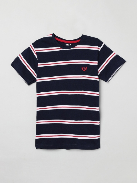 

max Boys Navy Blue & Off-White Striped Round Neck T-shirt