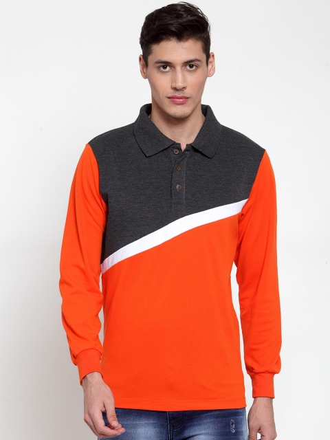 

Kalt Men Orange & Grey Colourblocked Polo Collar T-shirt