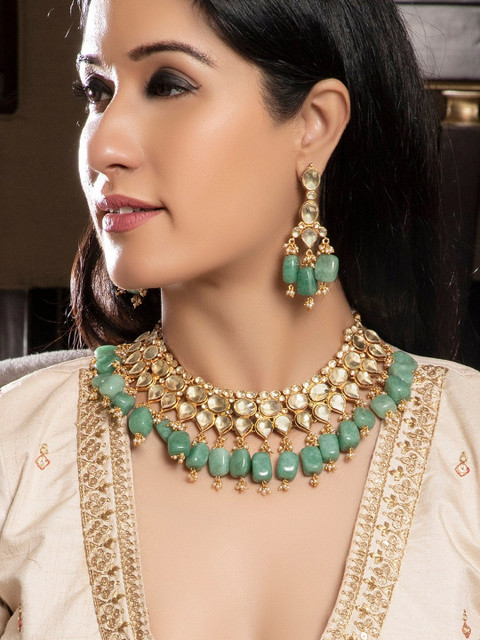 

rubans LUXURY 22K Gold-Plated White & Green Kundan-Studded Beaded Handcrafted Jewellery Set