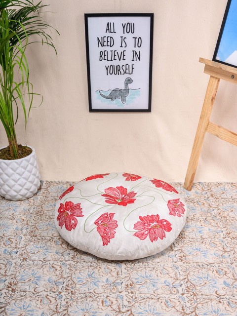 

Tistabene White & Red Flower Print Embroidered Round Gaddi Floor Cushion