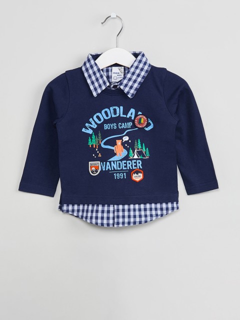 

max Boys Navy Blue Printed Polo Collar T-shirt