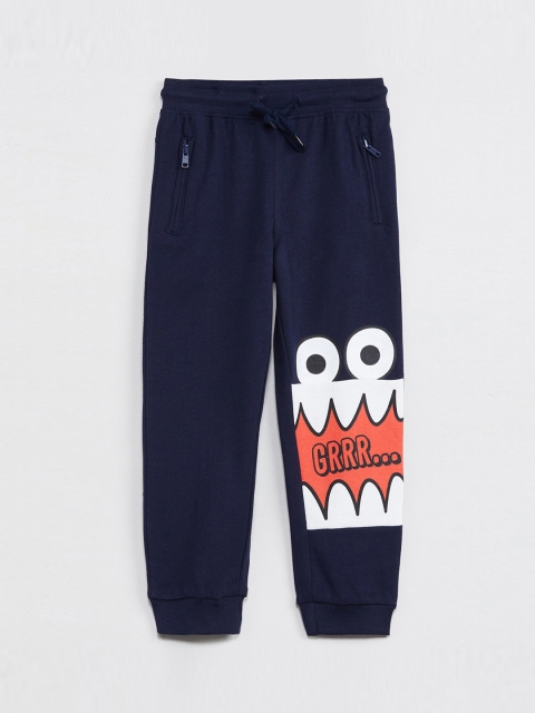 

max Boys Navy Blue & White Graphic Printed Slim-Fit Joggers