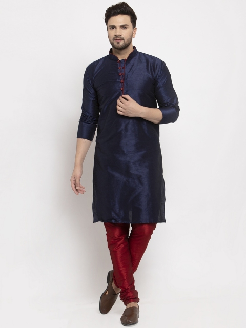 

Benstoke Men Navy Blue & Maroon Self Design Kurta with Churidar