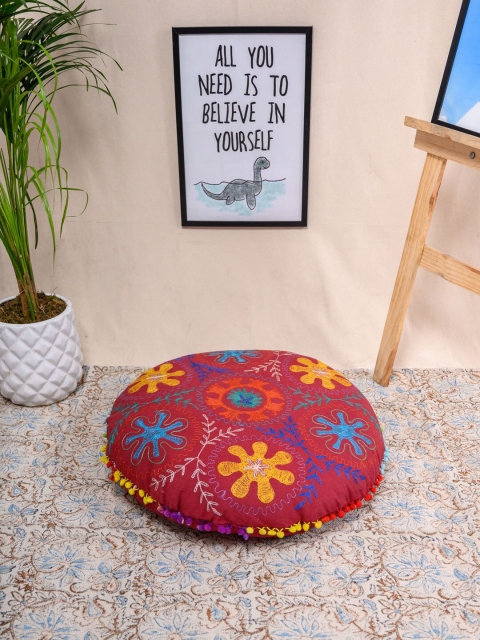 

Tistabene Maroon & Yellow Flower Duck Mari Embroided Round Gaddi
