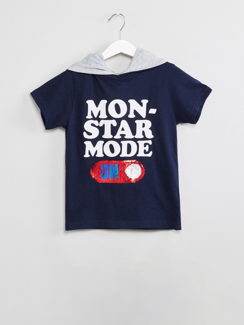 

max Boys Navy Blue & White Printed Hood T-shirt With Reverse Sequins