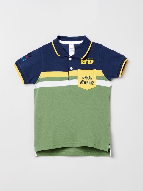 

max Boys Green & Navy Blue Colourblocked Polo Collar T-shirt