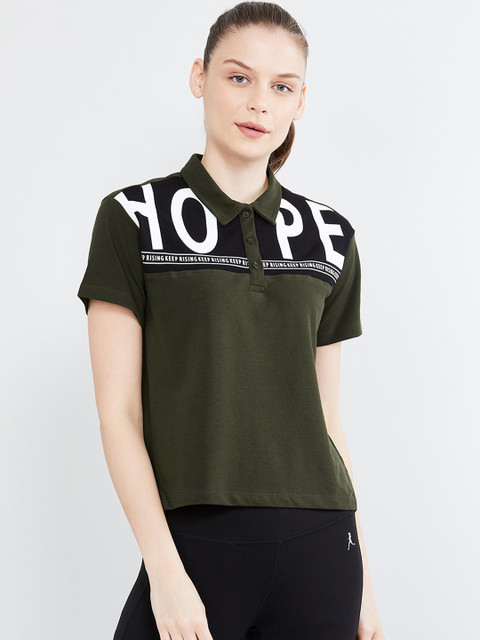 

max Women Olive Green Printed Polo Collar T-shirt