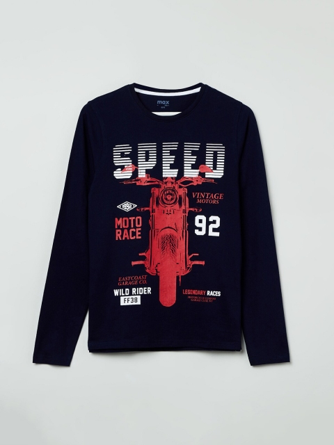 

max Boys Navy Blue Printed Round Neck T-shirt