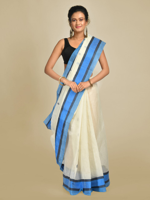 

Mitera Off-White & Blue Handloom Pure Cotton Solid Taant Saree