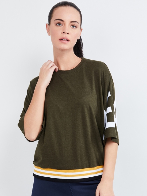 

max Women Olive Green Solid Round Neck T-shirt