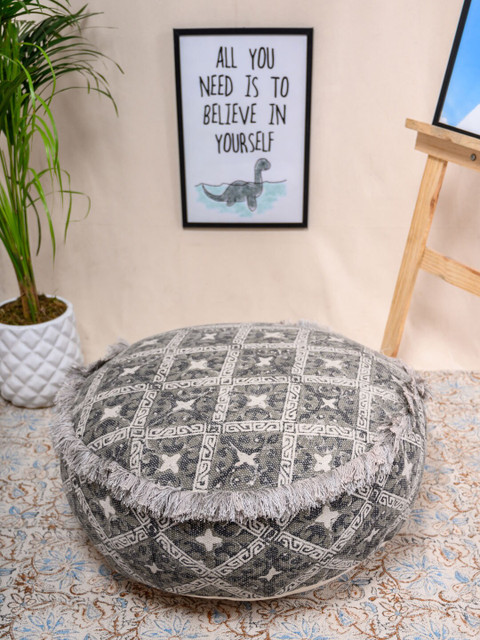 

Tistabene Olive Green & Beige Durry Printed Fringed Round Pouf Floor Cushion