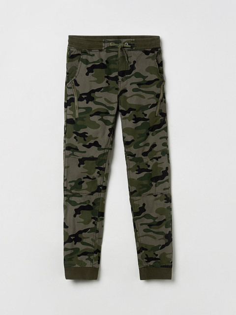 

max Boys Green & Grey Camouflage Printed Slim-Fit Joggers