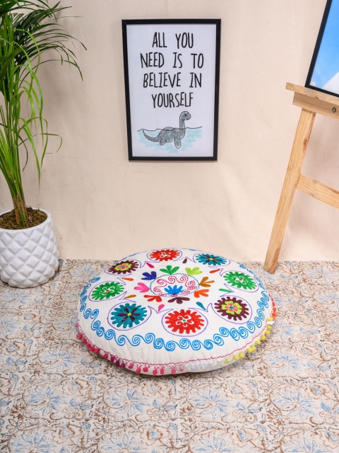 

Tistabene White & Blue Floral Duck Mari Embroidered Round Floor Cushion