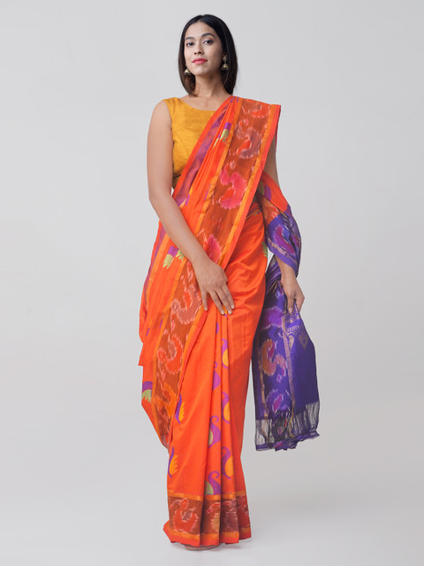 

Unnati Silks Orange & Blue Silk Cotton Woven Design Pochampally Handloom Saree