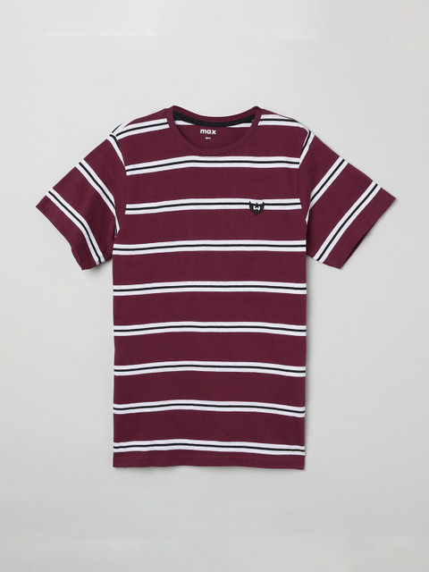 

max Boys Burgundy & White Striped Round Neck T-shirt