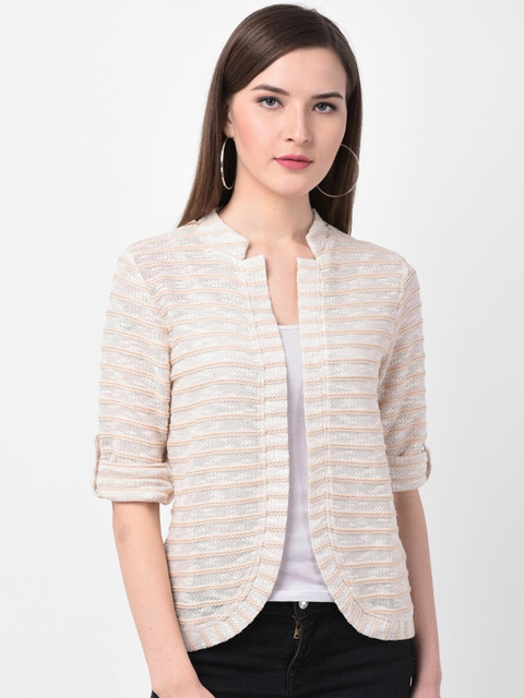 

Latin Quarters Women Beige Striped Open Front Shrug