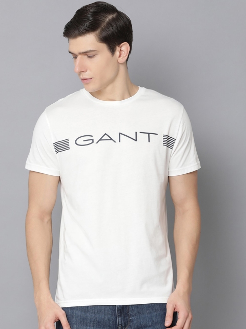 

GANT Men White & Grey Brand Logo Printed Round Neck T-shirt