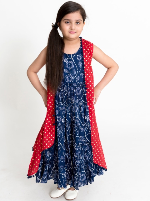 

Lil Peacock Girls Navy Blue Printed Maxi Dress With Jacket