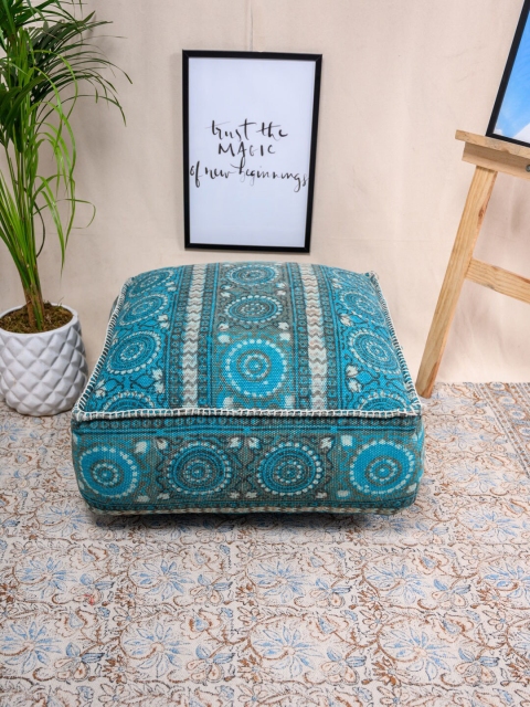 

Tistabene Blue & White Indigo Centric Durry Printed Square Pouf Floor Cushion