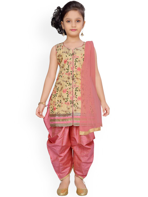 

Aarika Girls Beige & Pink Embroidered Kurta with Dhoti Pants & Dupatta