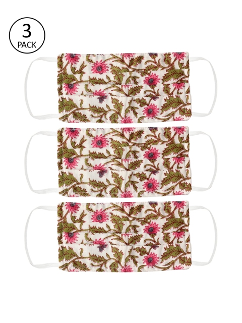 

Bellofox Women Pack of 3 White & Pink Floral Print Reusable 3-Layers Cloth Mask
