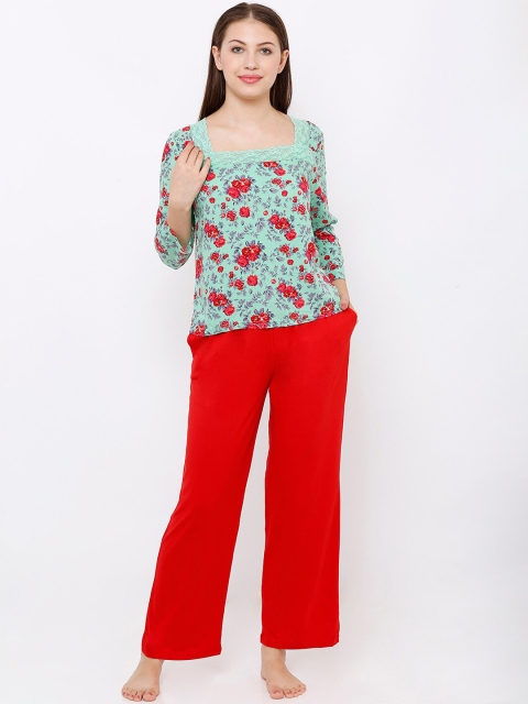 

Heart 2 Heart Women Sea Green & Red Printed Night Suit