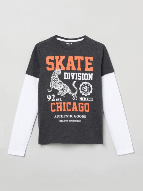 

max Boys Charcoal Printed Round Neck T-shirt