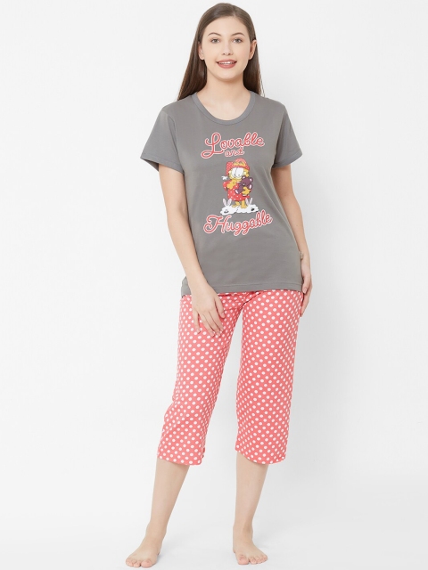 

Velvet by night Women Grey & Orange Printed Night Suit