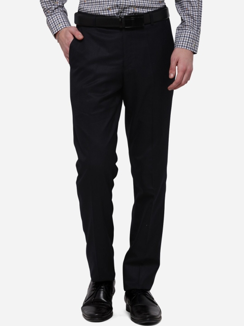 Greenfibre Men Navy Blue Slim Fit Solid Formal Trousers