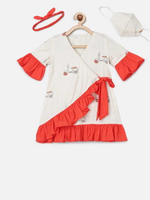 

Tutus By Tutu Girls Off-White Printed A-Line Dress With Matching Mask & Hairband