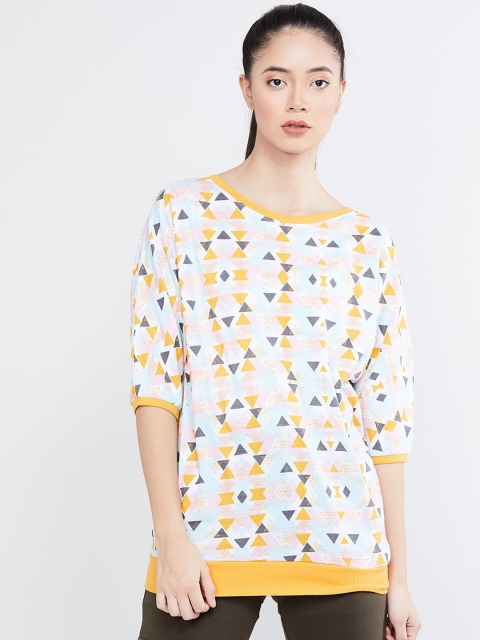 

max Women Blue & Yellow Printed Round Neck T-shirt