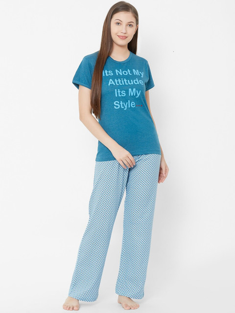 

Velvet by night Women Blue Printed Night suit