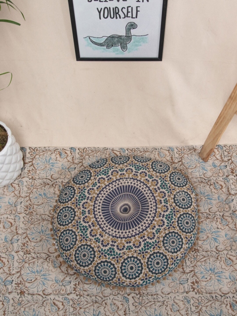 

Tistabene Brown & Blue Pearl River Floral Printed Round Soft Gaddi, Beige